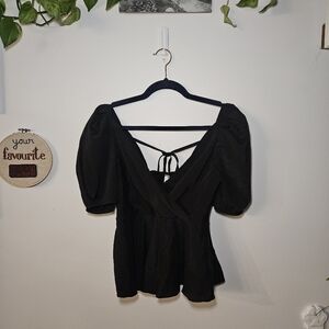 Cute Black Peplum Top With Puff Sleeves